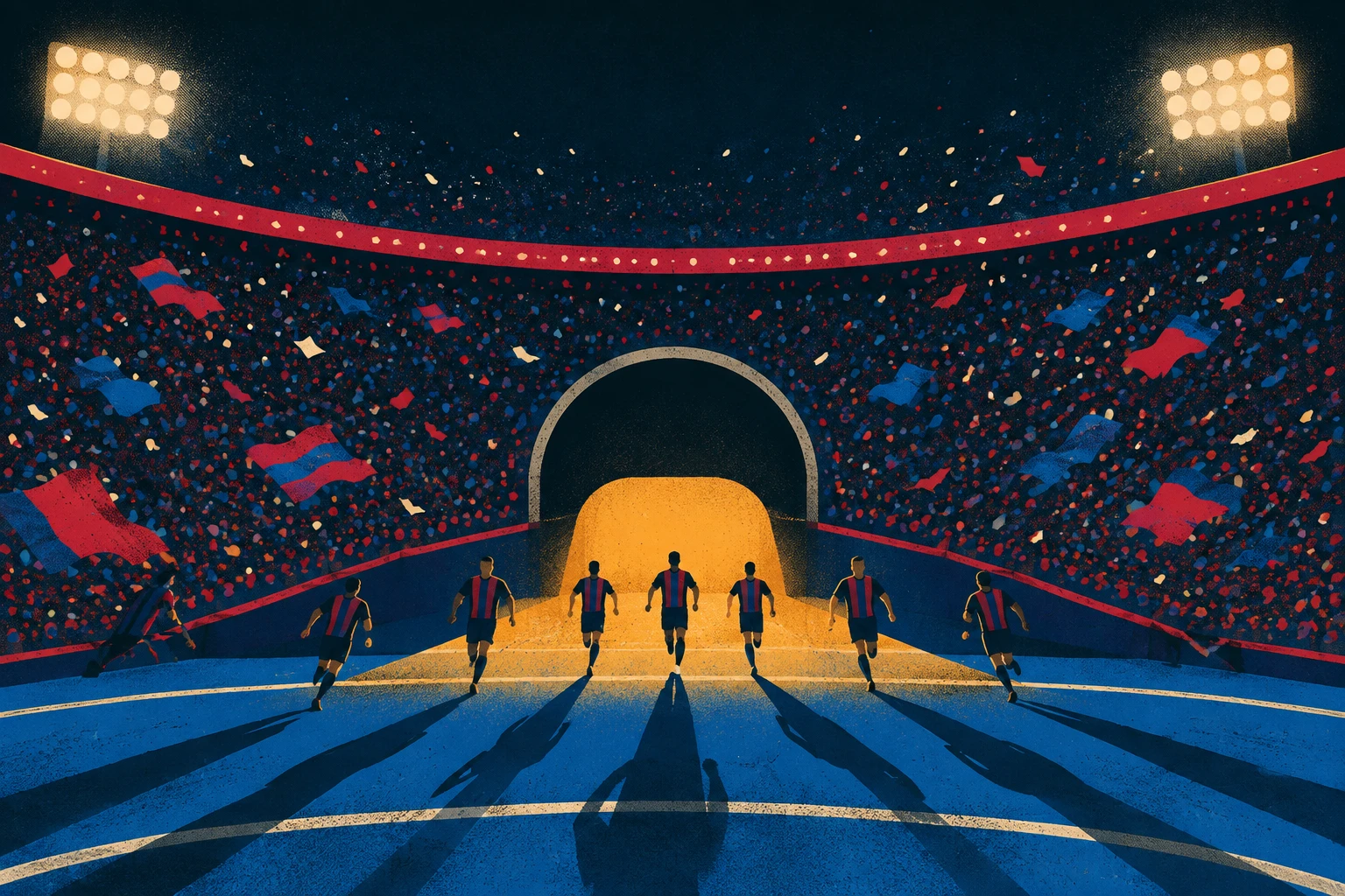 A small group of faceless footballers runs out of a glowing stadium tunnel and fans across a saturated blue pitch, casting long shadows toward the viewer.