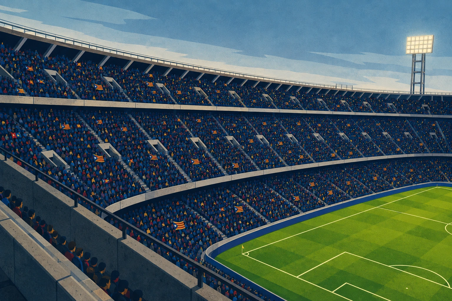 A wide elevated view across Camp Nou shows concrete tiers packed with a crowd and thousands of small Esteladas, with the pitch edge and a floodlight beneath a cool blue sky.